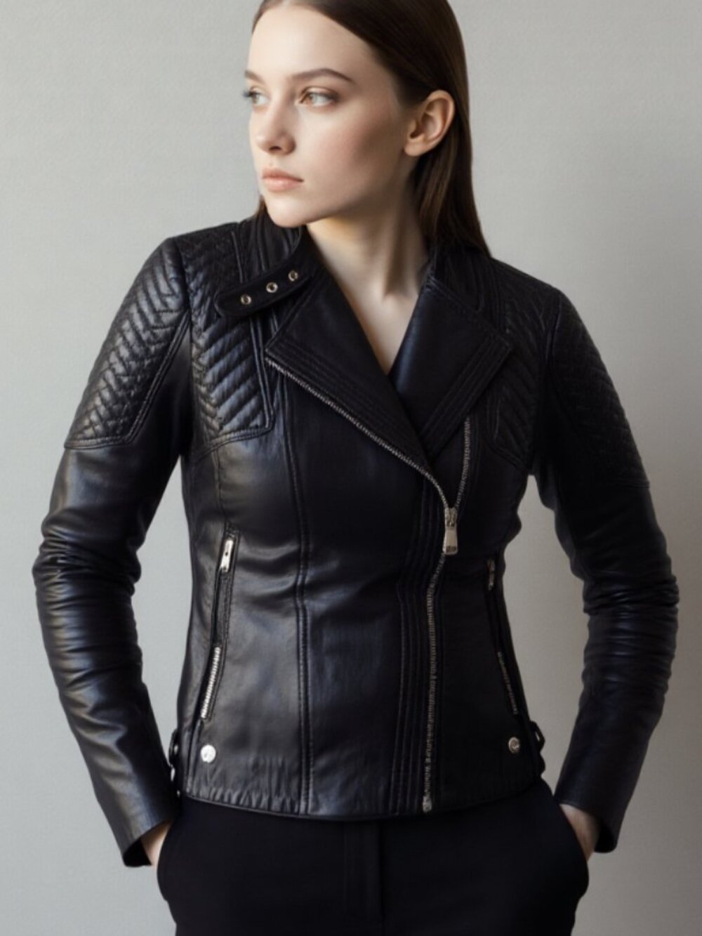 Michael Kors Leather Quilted Moto Asymmetric Zip Jacket XS